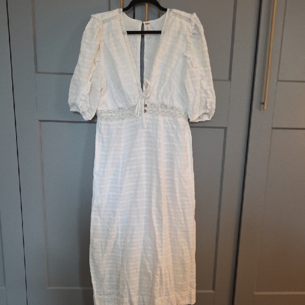 Free People White Midi Dress with Lace Waist